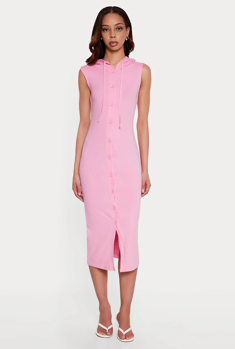 Hooded Button Front Midi Dress