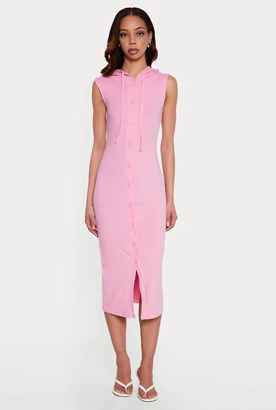 Hooded Button Front Midi Dress