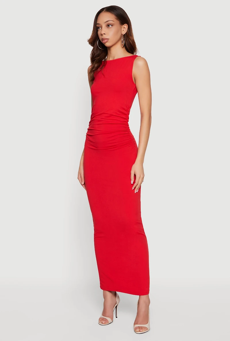 Ruched Side Boat Neck Maxi Dress