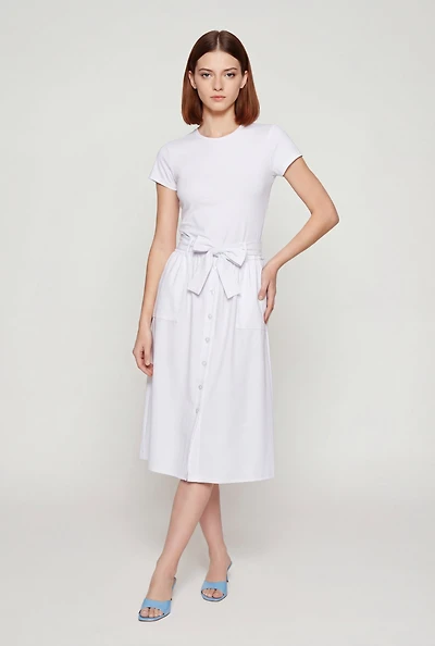 Half Button Front Short Sleeve Midi Dress with Tie Waist Belt