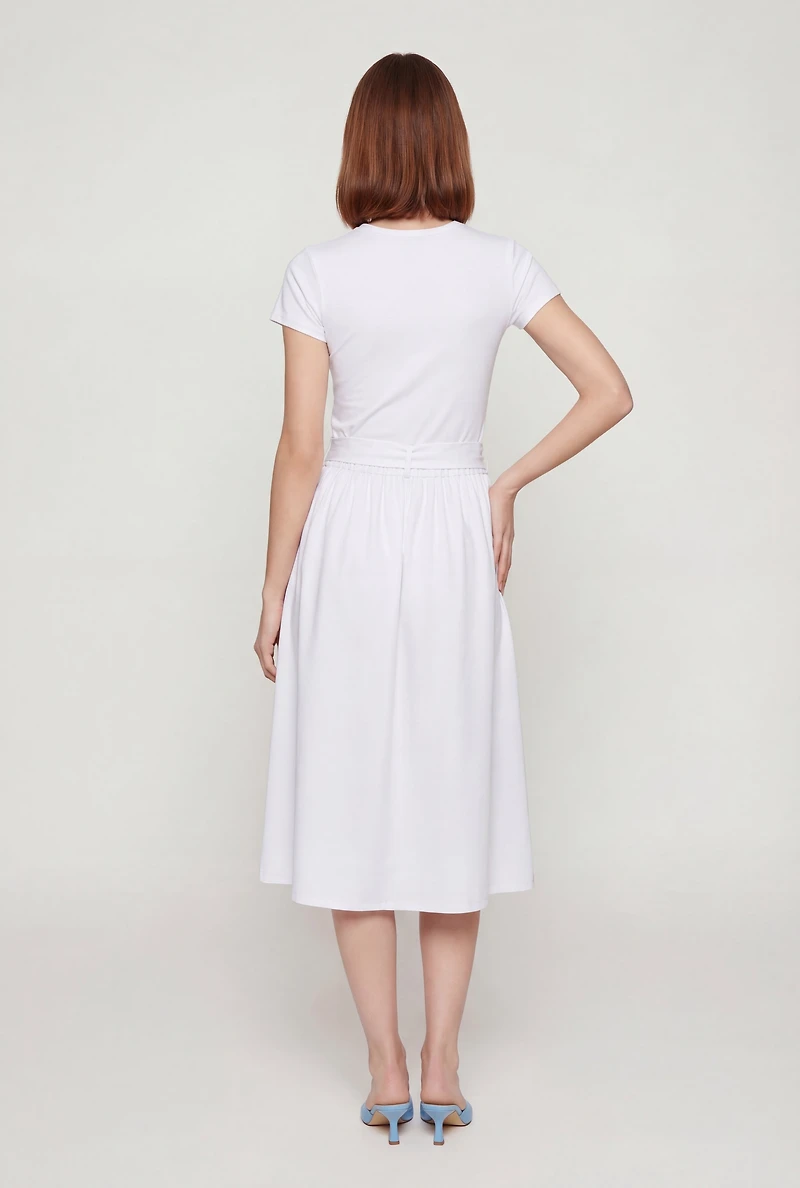 Half Button Front Short Sleeve Midi Dress with Tie Waist Belt