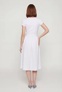 Half Button Front Short Sleeve Midi Dress with Tie Waist Belt