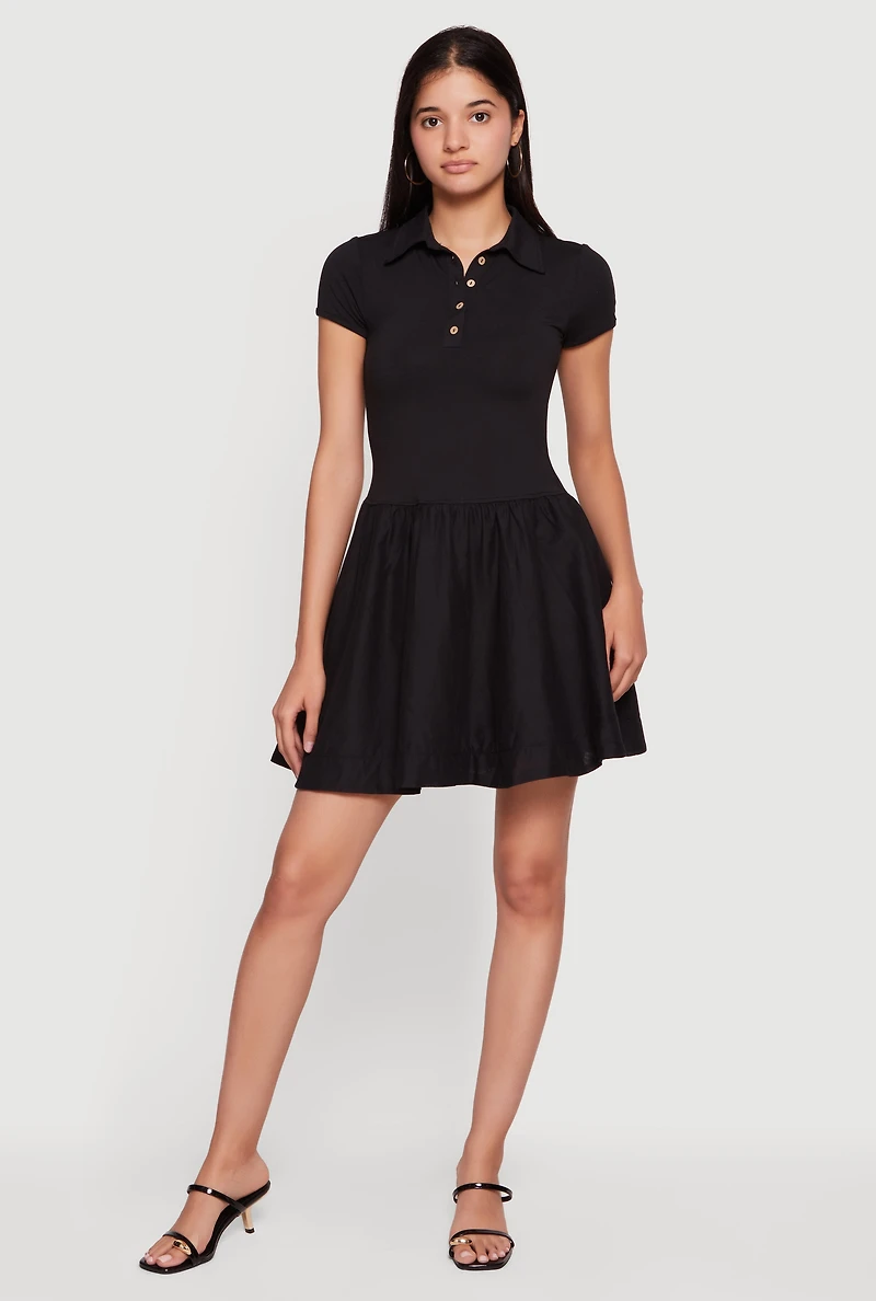 Quarter Button Front Polo Skater Dress