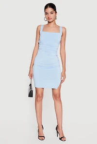 Square Neck Side Ruched Tie Back Mini Dress