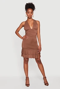 Slit Front Ruffle Tiered Trim Halter Dress