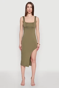 Womens Asymmetrical Side Slit Midi Dress, Green, Size S