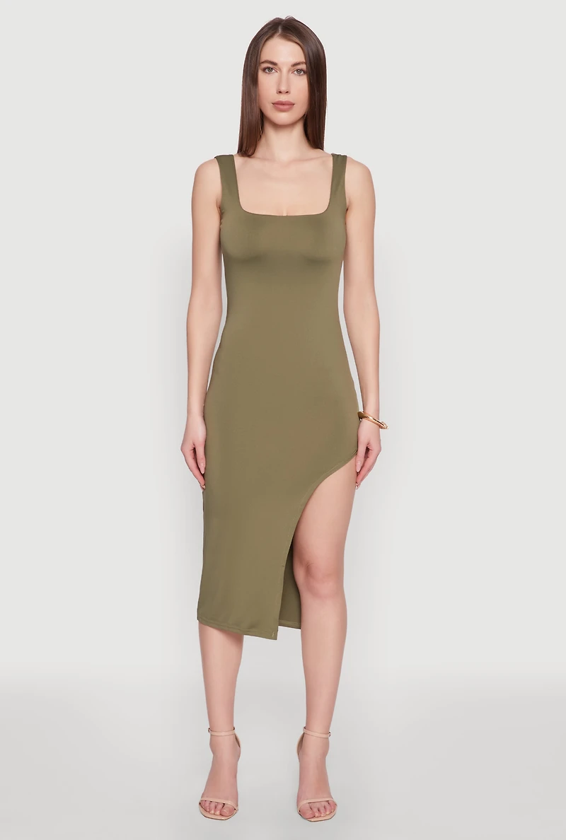Womens Asymmetrical Side Slit Midi Dress, Green, Size M