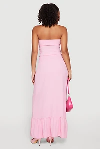 Ruched Side Ruffle Hem Maxi Tube Dress