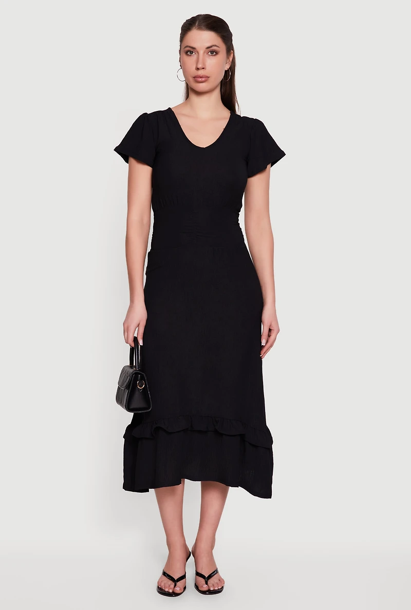 Crepe Knit Cinched Waist Ruffle Trim Midi Dress