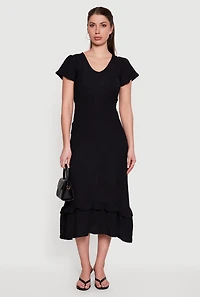 Crepe Knit Cinched Waist Ruffle Trim Midi Dress