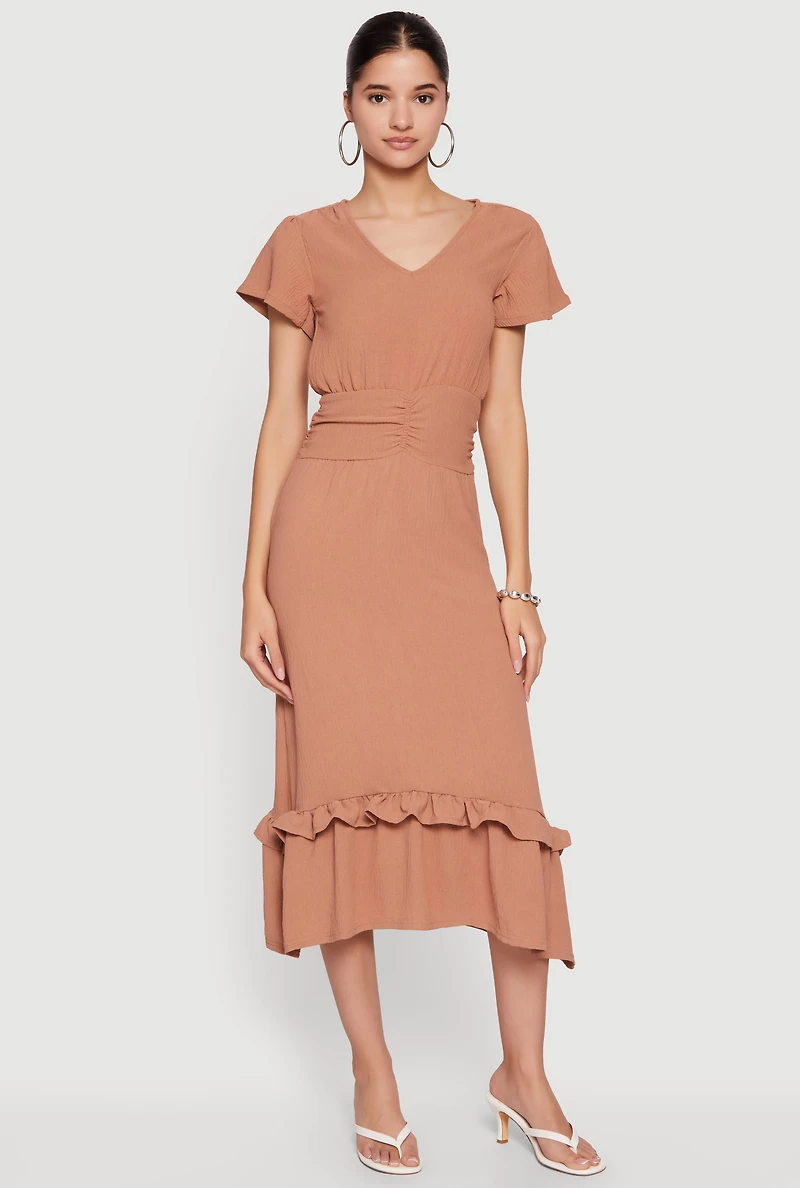 Crepe Knit Cinched Waist Ruffle Trim Midi Dress