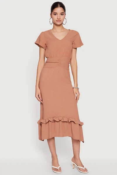 Crepe Knit Cinched Waist Ruffle Trim Midi Dress
