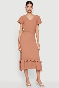 Crepe Knit Cinched Waist Ruffle Trim Midi Dress
