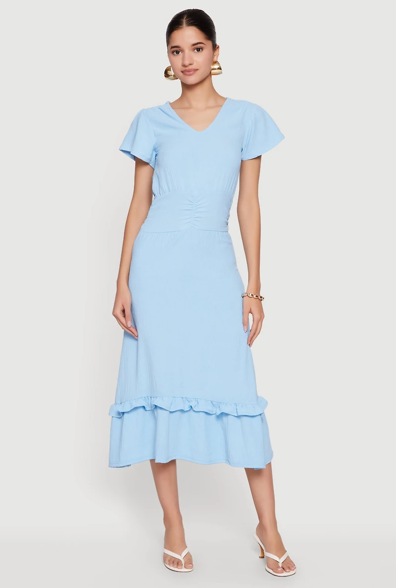 Crepe Knit Cinched Waist Ruffle Trim Midi Dress