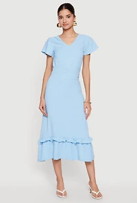 Crepe Knit Cinched Waist Ruffle Trim Midi Dress