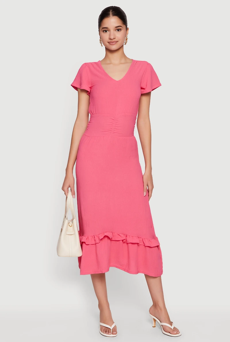 Crepe Knit Cinched Waist Ruffle Trim Midi Dress