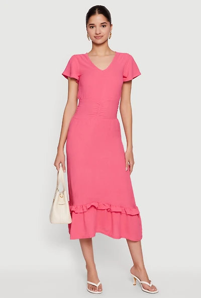 Crepe Knit Cinched Waist Ruffle Trim Midi Dress