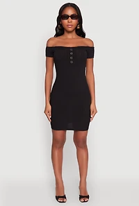 Womens Rib Knit Faux Button Off Shoulder Bodycon Dress,