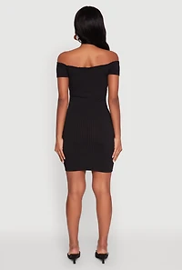 Womens Rib Knit Faux Button Off Shoulder Bodycon Dress,