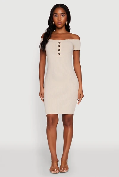 Womens Rib Knit Faux Button Off Shoulder Bodycon Dress, Beige, Size M