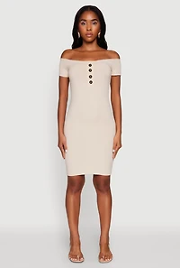 Womens Rib Knit Faux Button Off Shoulder Bodycon Dress, Beige, Size M