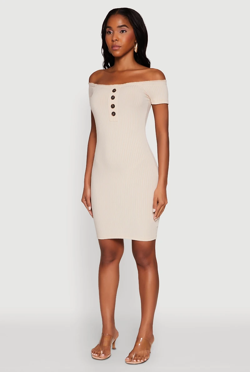 Womens Rib Knit Faux Button Off Shoulder Bodycon Dress, Beige, Size M