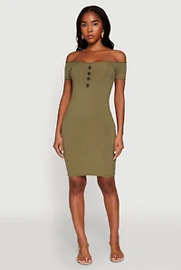 Womens Rib Knit Faux Button Off Shoulder Bodycon Dress, Green,