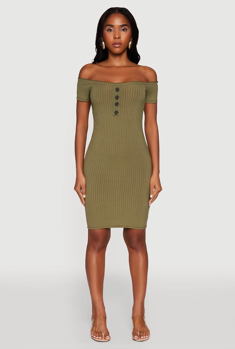 Womens Rib Knit Faux Button Off Shoulder Bodycon Dress, Green,