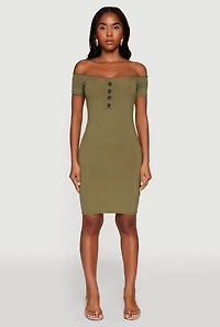 Womens Rib Knit Faux Button Off Shoulder Bodycon Dress, Green,