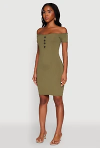 Womens Rib Knit Faux Button Off Shoulder Bodycon Dress, Green,
