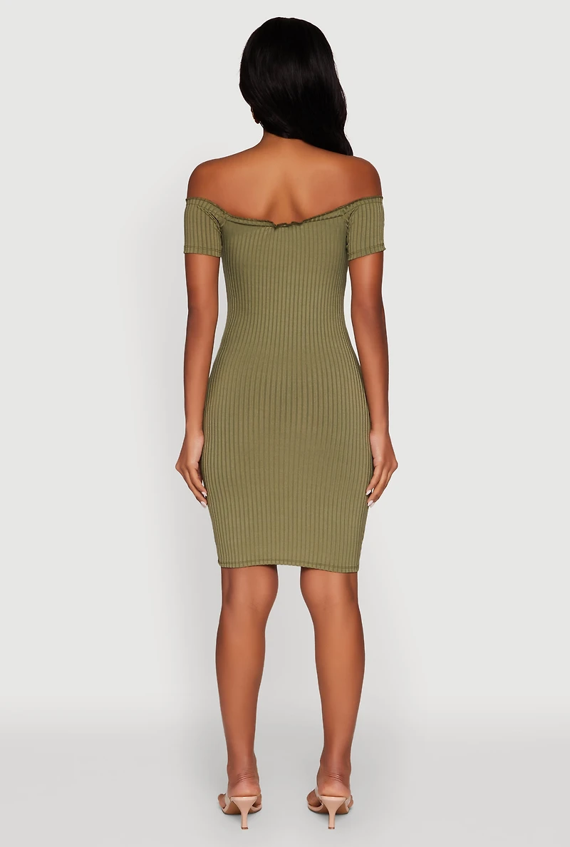 Womens Rib Knit Faux Button Off Shoulder Bodycon Dress, Green,