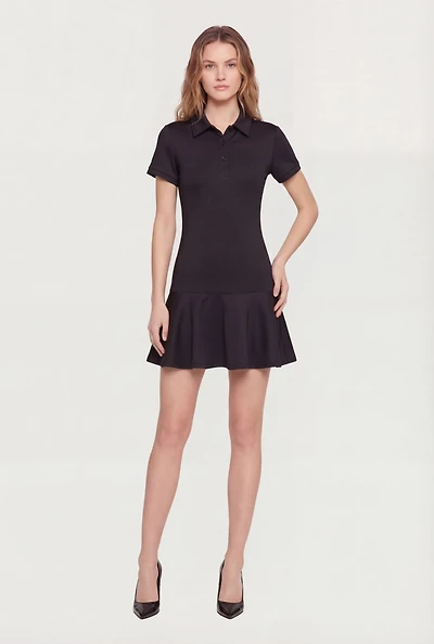 Solid Short Sleeve Polo Skater Dress
