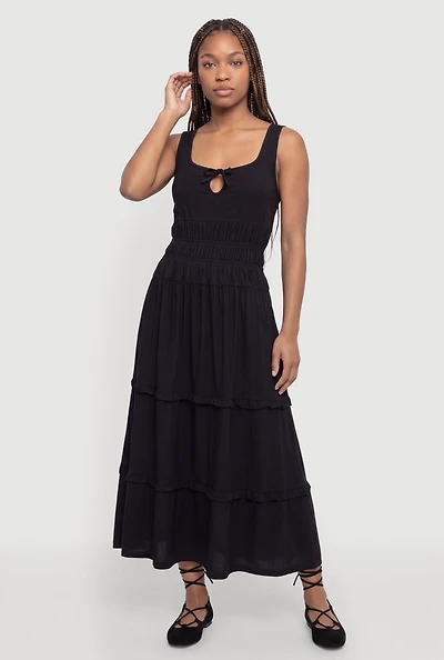 Smocked Waist Ruffle Trim Midi Dress