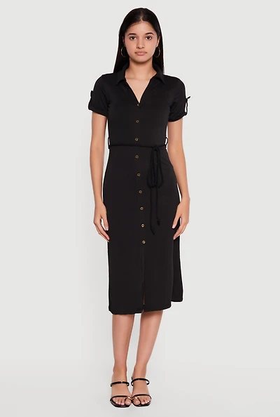 Short Sleeve Button Front Shirt Dress with Tie Waist Belt
