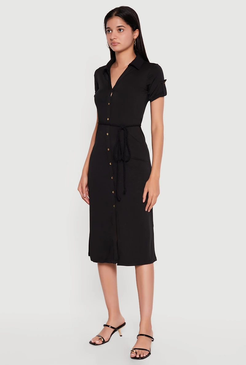 Short Sleeve Button Front Shirt Dress with Tie Waist Belt