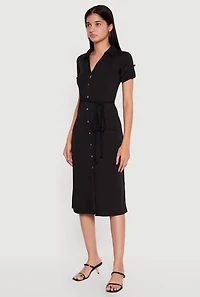 Short Sleeve Button Front Shirt Dress with Tie Waist Belt