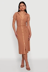 Short Sleeve Button Front Shirt Dress with Tie Waist Belt