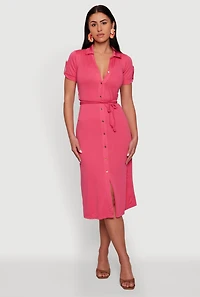 Short Sleeve Button Front Shirt Dress with Tie Waist Belt