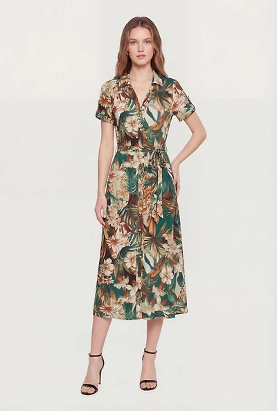 Floral Print Button Front Tie Waist Belted Shirt Dress