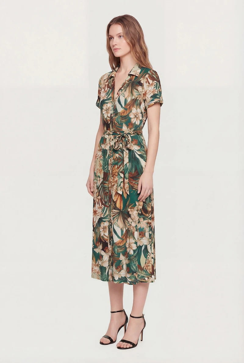 Floral Print Button Front Tie Waist Belted Shirt Dress
