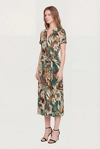 Floral Print Button Front Tie Waist Belted Shirt Dress
