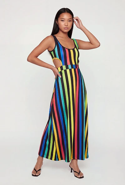 Rainbow Stripe Cut Out Detail Maxi Dress