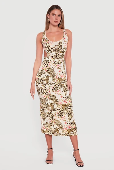 Cut Out Detail Animal Floral Print Midi Dress