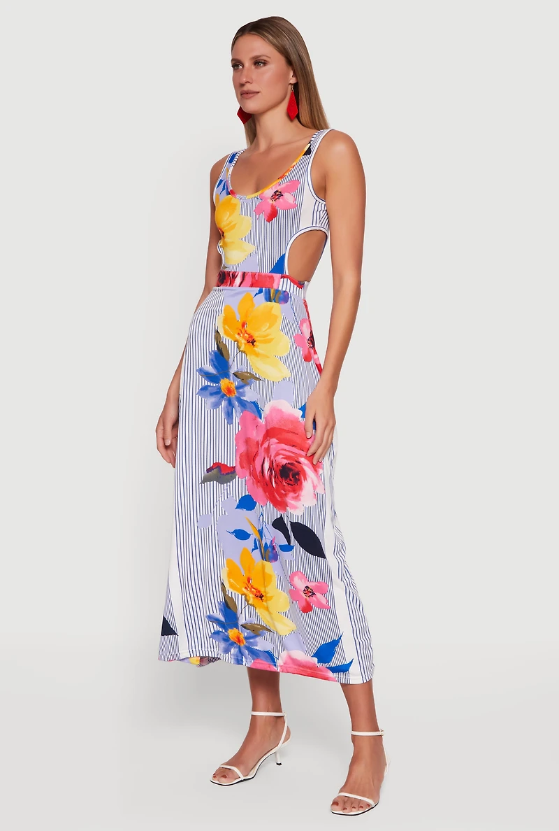 Cut Out Detail Pinstripe Floral Print Midi Dress