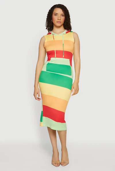 Striped Sleeveless Hooded Midi Dress