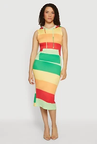 Striped Sleeveless Hooded Midi Dress