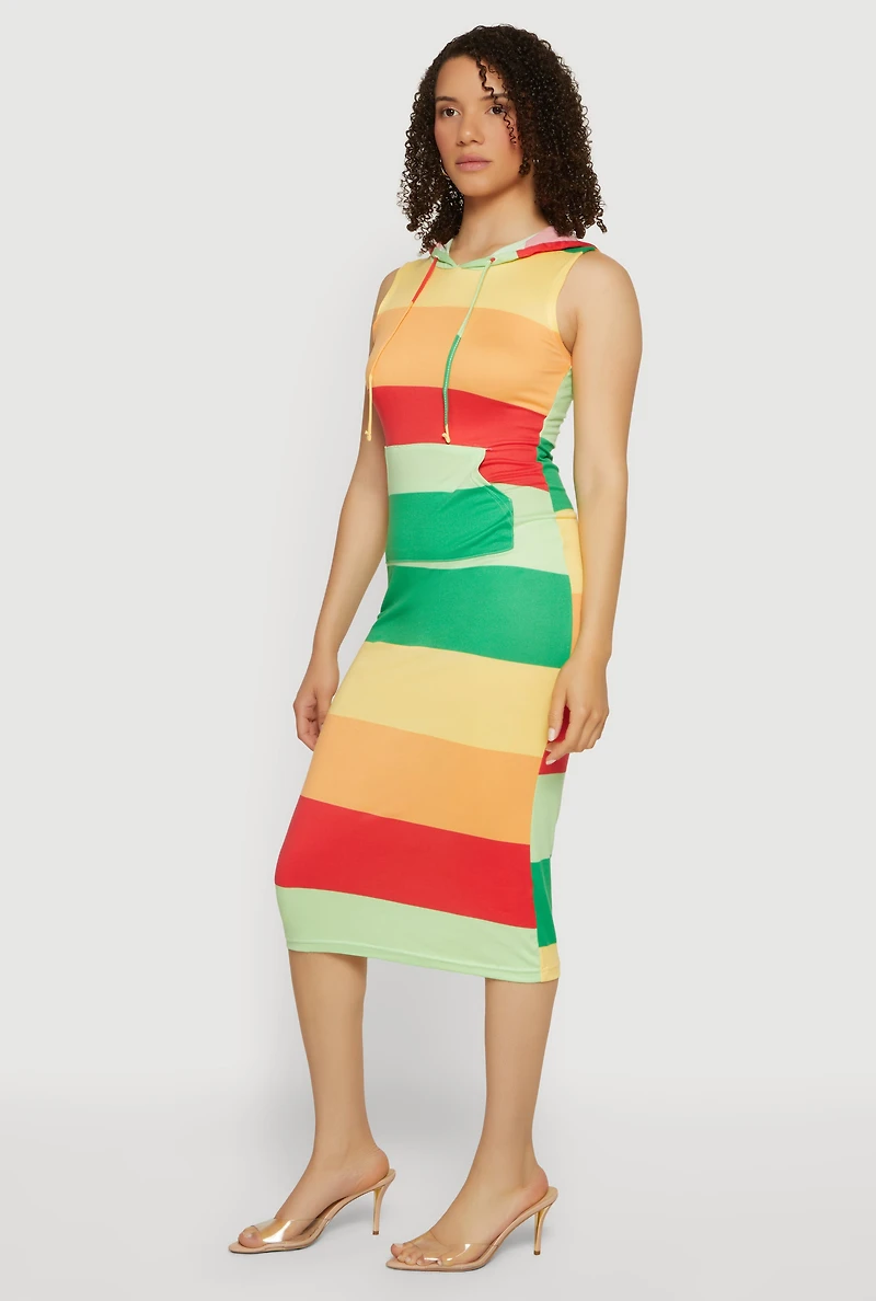 Striped Sleeveless Hooded Midi Dress