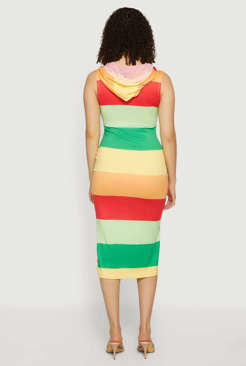 Striped Sleeveless Hooded Midi Dress
