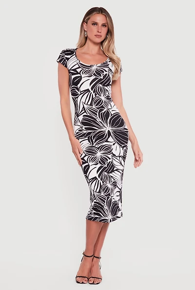 Floral Cap Sleeve Midi T Shirt Dress