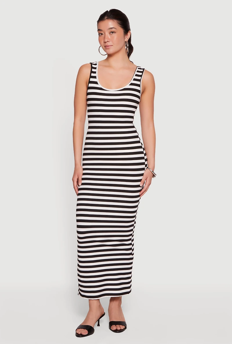 Striped Scoop Neck Slit Back Maxi Dress